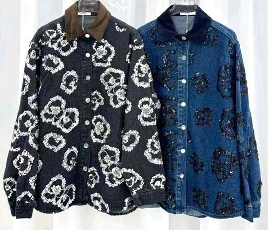 Camisa de mezclilla con bordado de lentejuelas florales