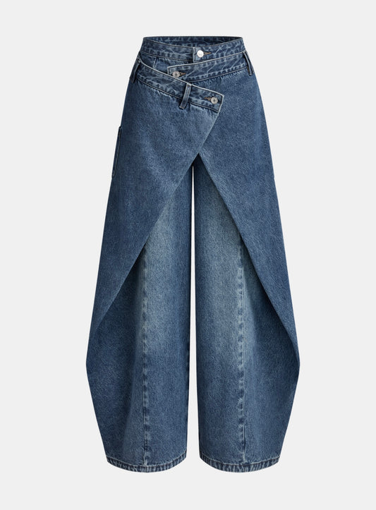 Pantalón de Mezclilla Wide Leg con Pretina Cruzada