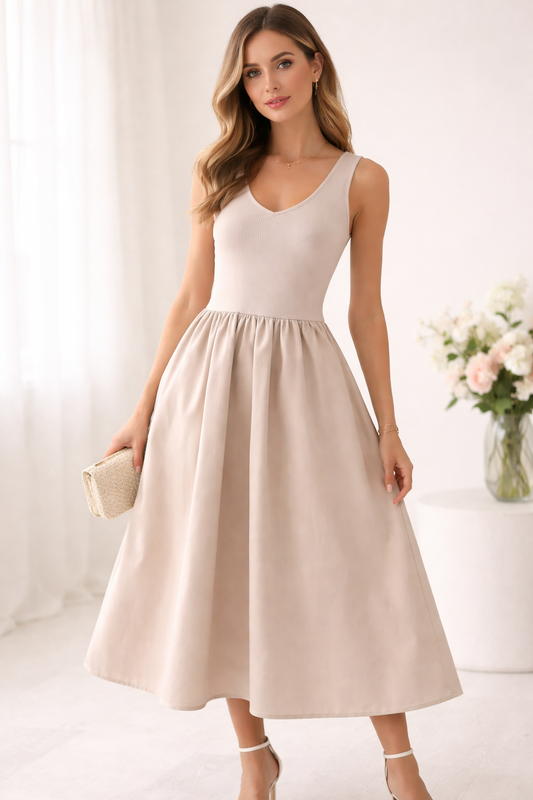 Vestido Midi Beige con Falda Amplia y Top Ajustado